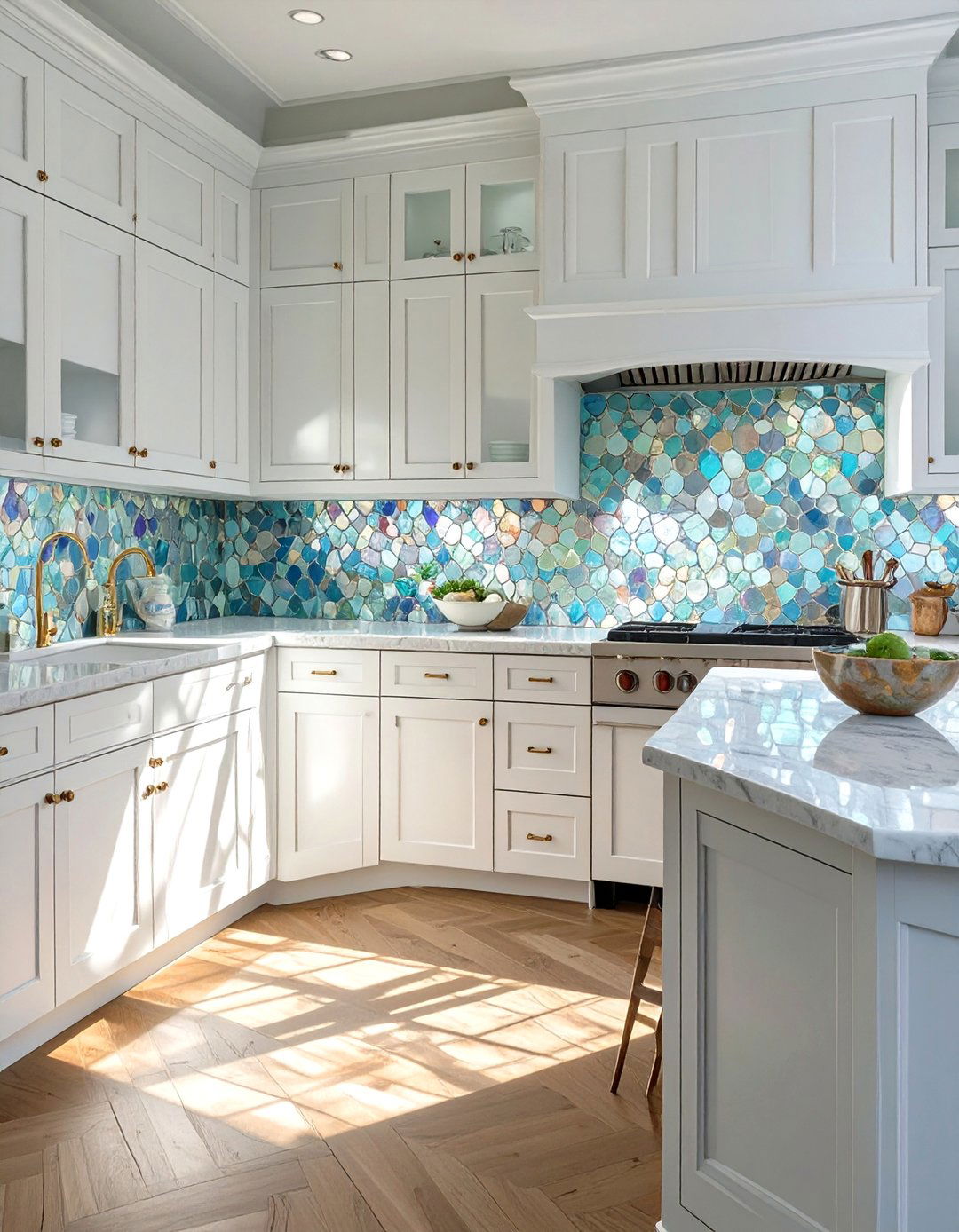 Reflective Mother of Pearl Kitchen Backsplash - 30 backsplash ideas for white kitchen