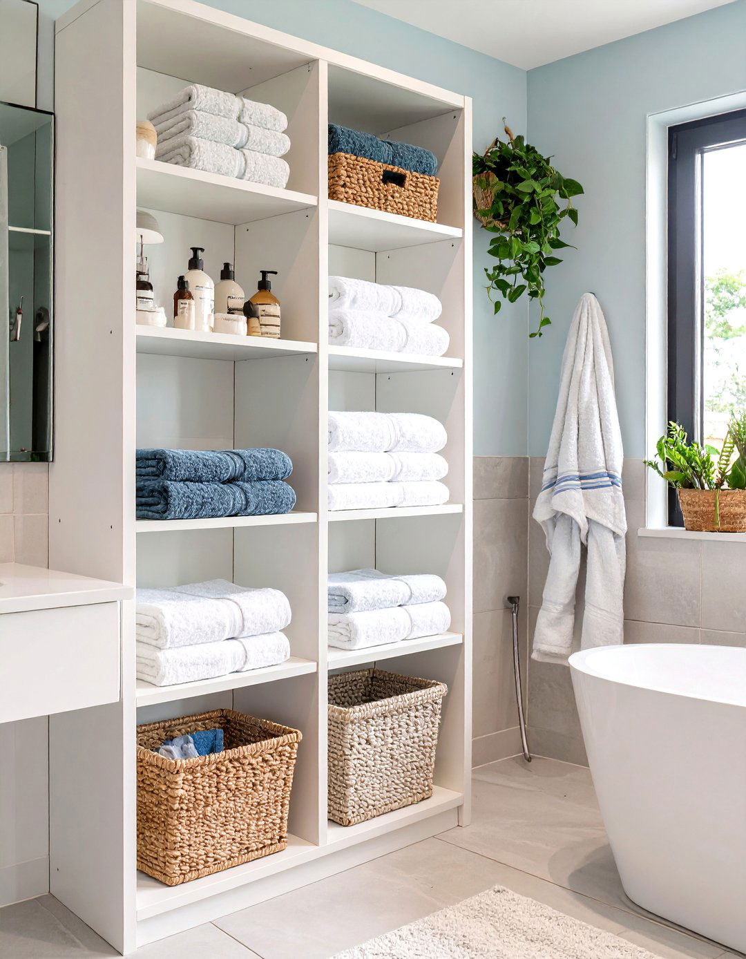 Repurposed Bookshelf Tower - 30 bathroom towel storage ideas
