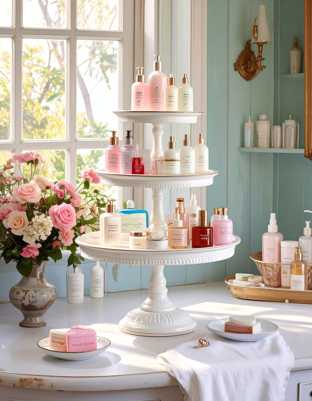 Repurposed Cake Stand Organizer - 30 bathroom counter organization ideas