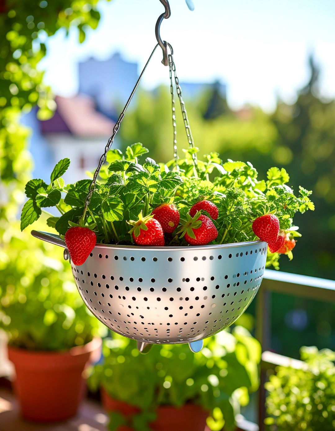 Repurposed Colander Hanging Patio Planter - 30 patio planter ideas