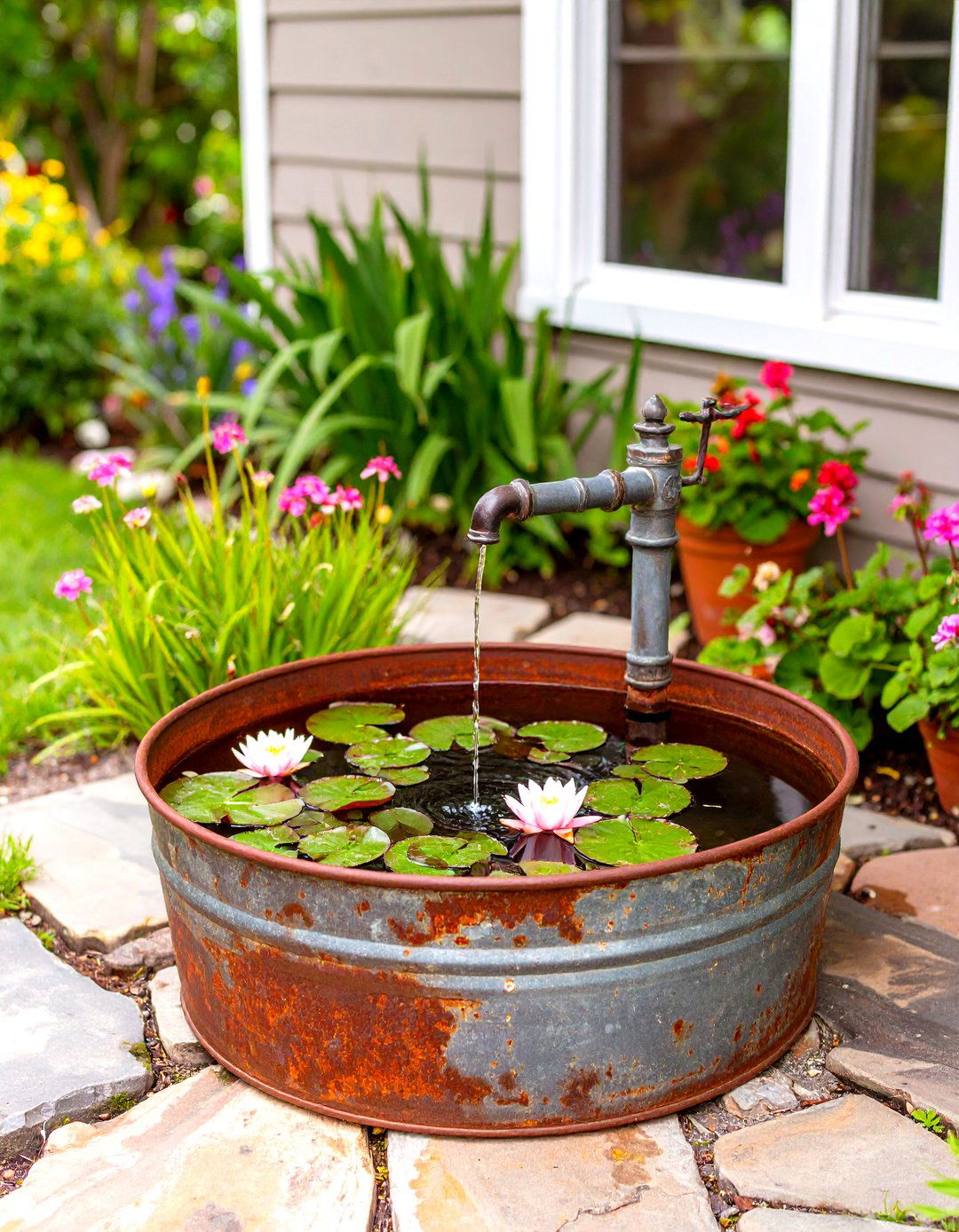 Repurposed Galvanized Tub Front Yard Fountain - 30 small front yard fountain ideas