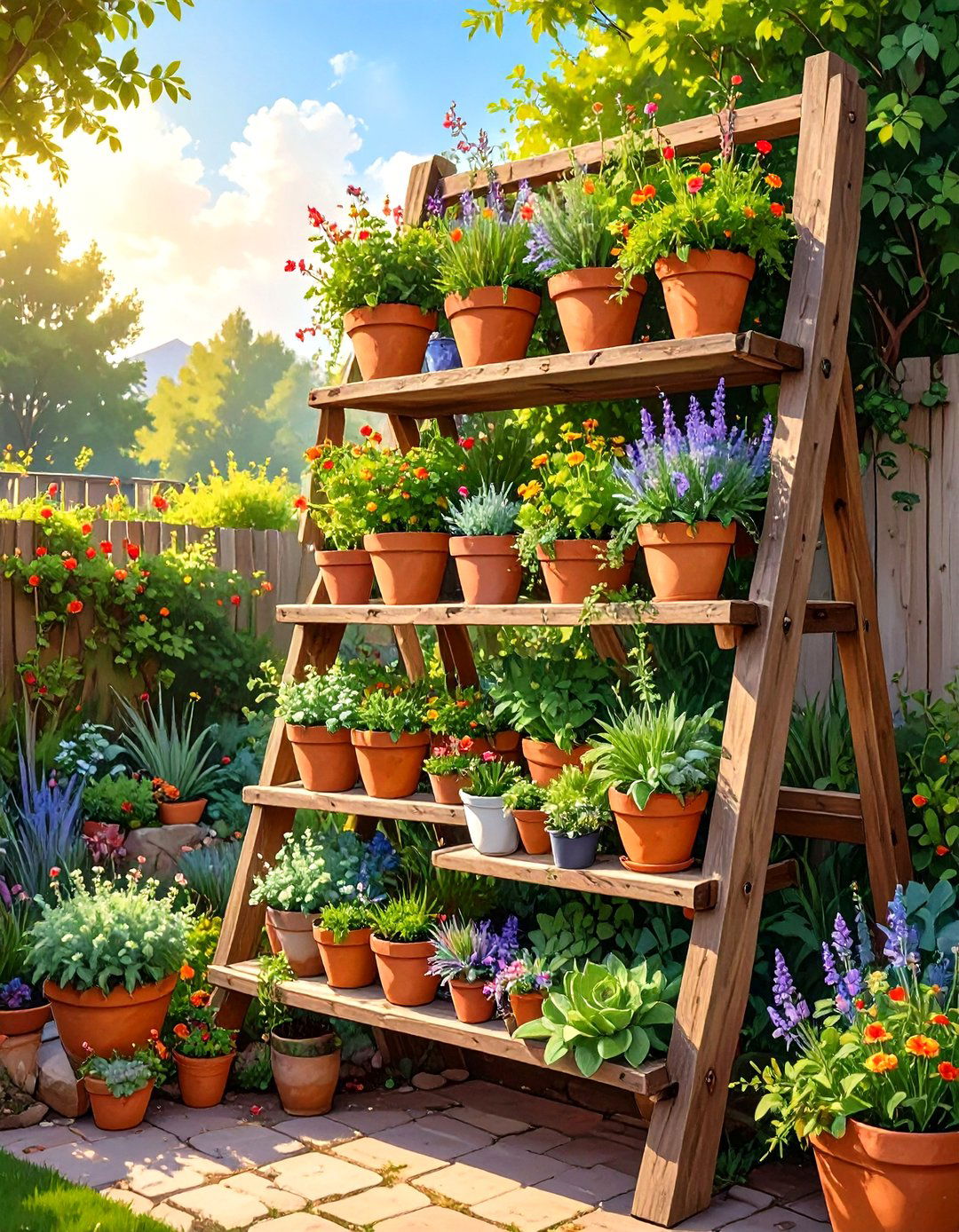 Repurposed Ladder Plant Shelf - 30 small backyard garden ideas