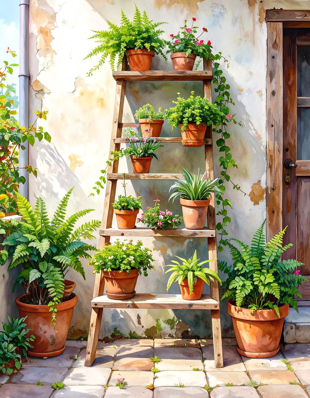 Repurposed Ladder Plant Stand for a Small Patio - 30 small patio ideas on a budget