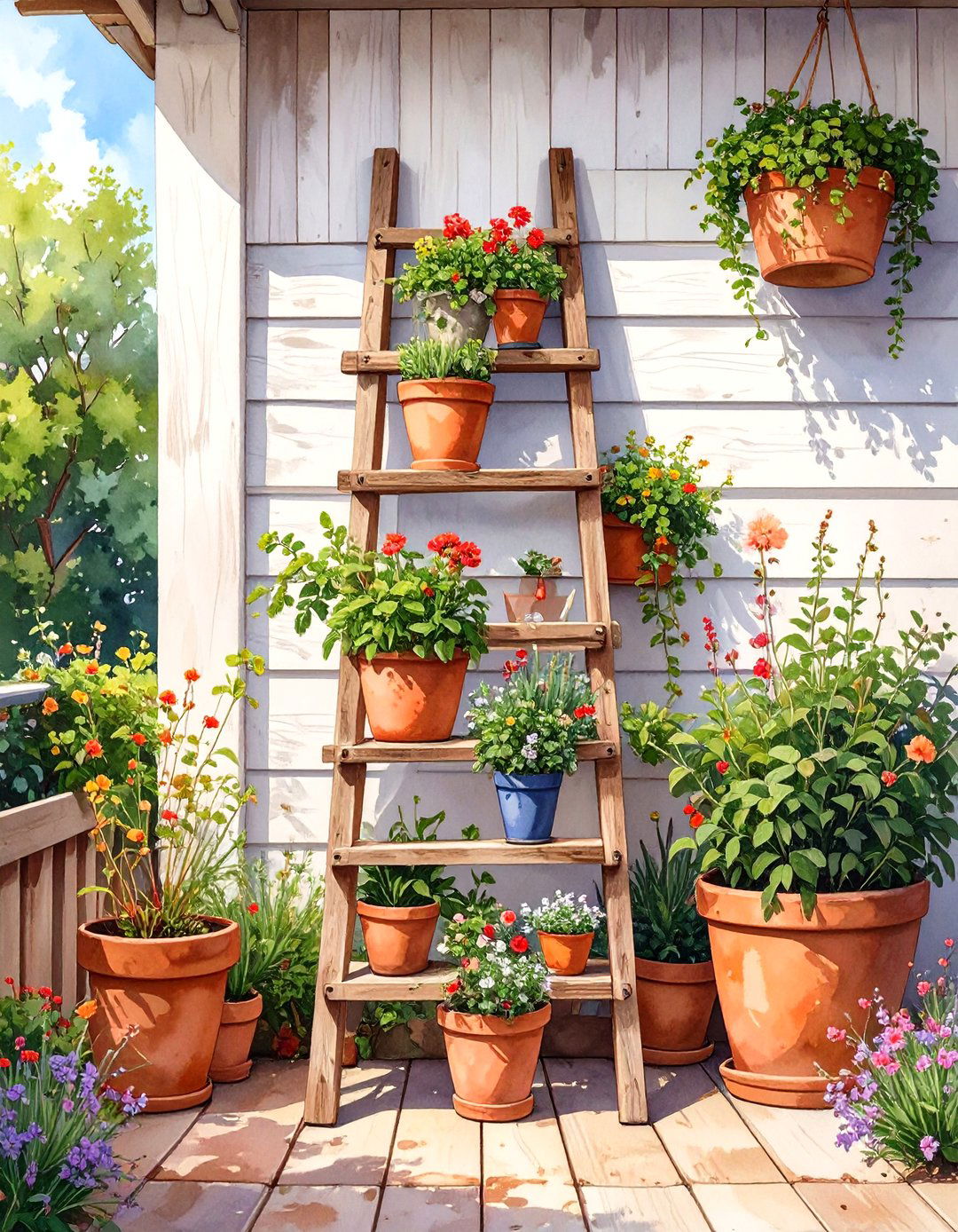 Repurposed Ladder Plant Stand - 30 outdoor patio ideas on a budget