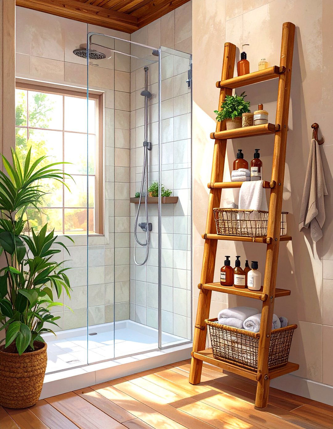 Repurposed Ladder Shelf Shower Organizer - 30 shower organizer ideas