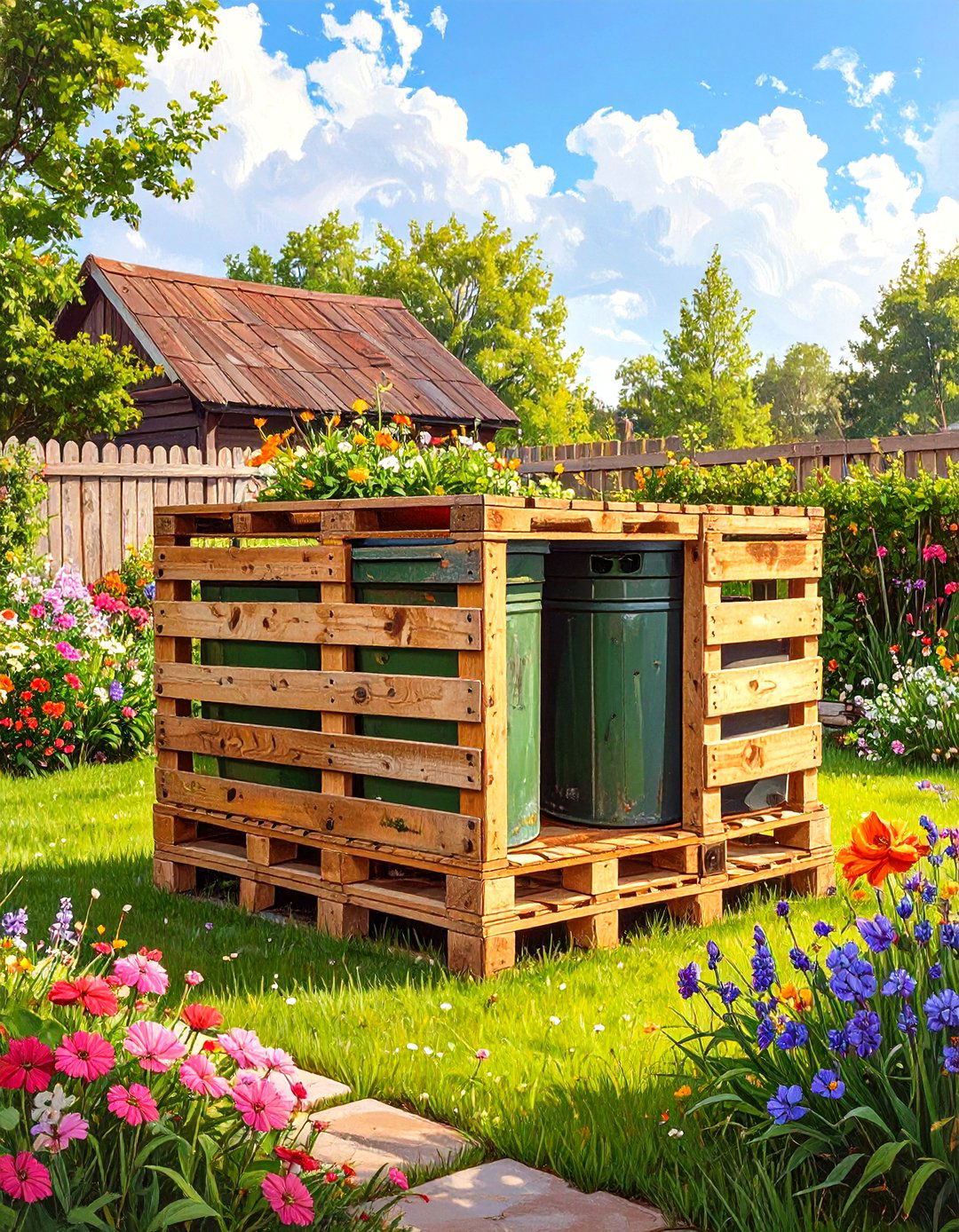 Repurposed Pallet Garbage Can Holder - 30 outdoor garbage can storage ideas
