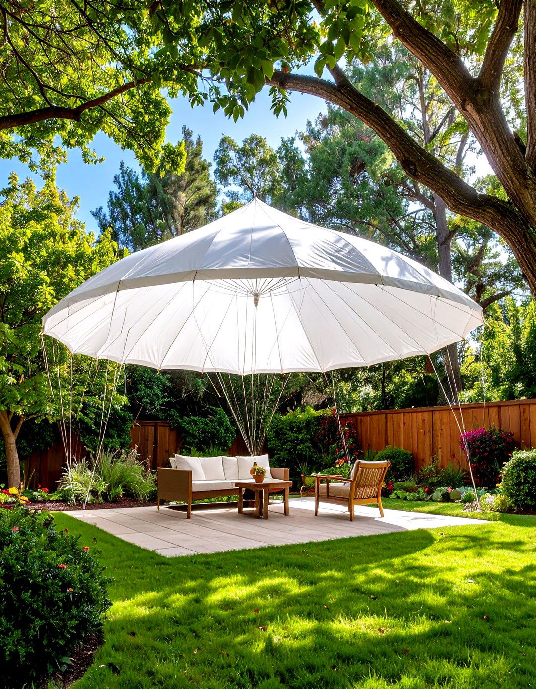 Repurposed Parachute Canopy - 30 patio shade ideas on a budget