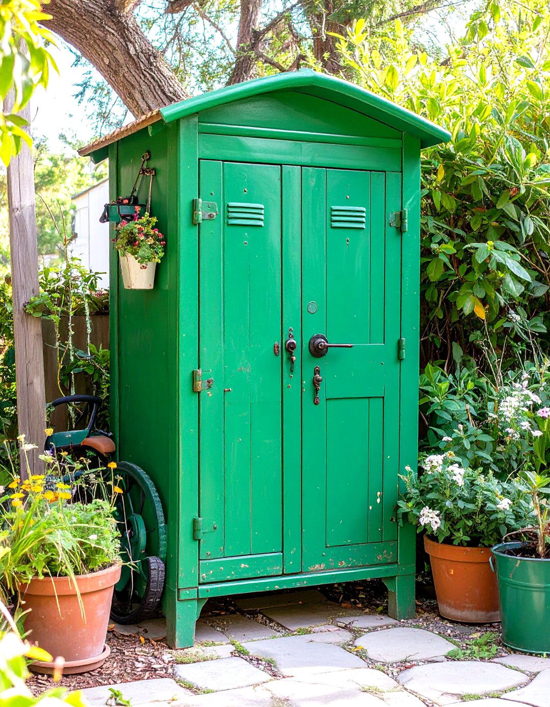 Repurposed Storage Cabinet - 30 lawn mower storage ideas