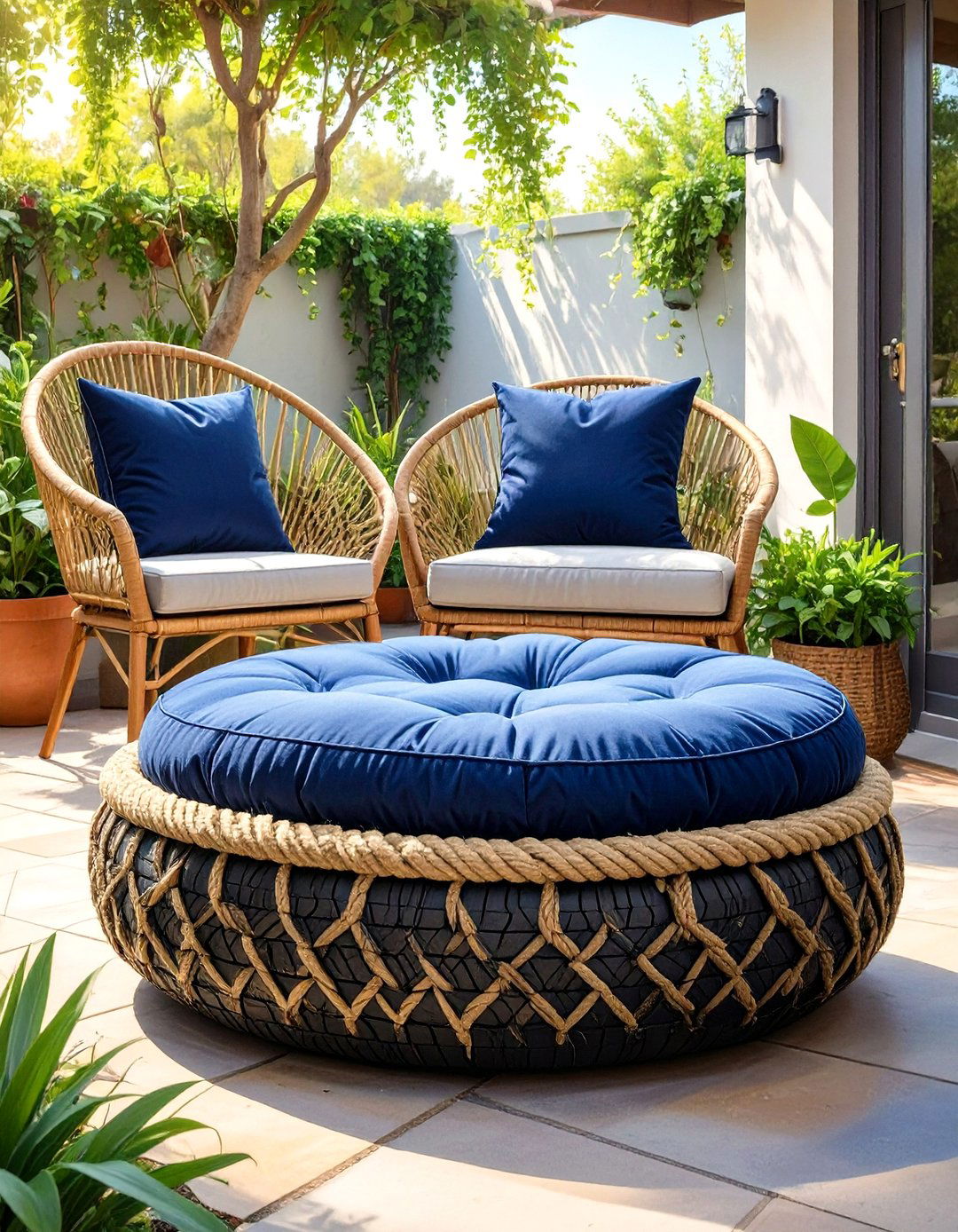 Repurposed Tire Ottoman - 30 outdoor patio ideas on a budget
