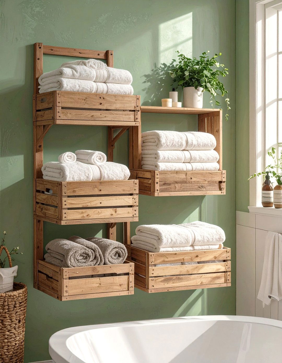 Repurposed Wooden Crate Shelves - 30 bathroom towel rack ideas