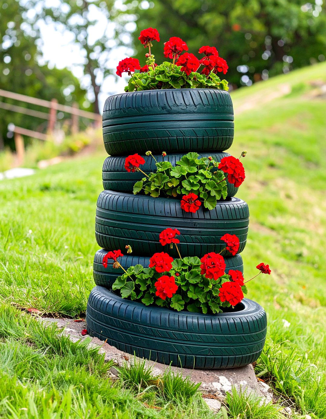 Repurposing Old Tires as Planting Beds - 30 steep hillside landscaping ideas on a budget