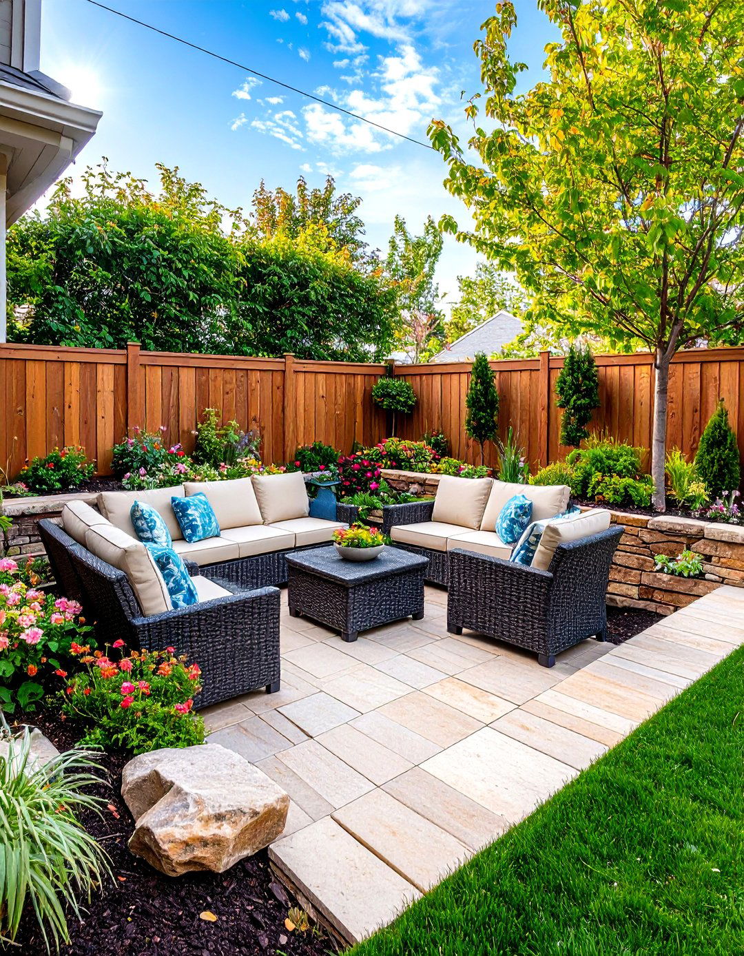 Retaining Wall Defining a Sunken Patio - 30 front yard retaining wall ideas