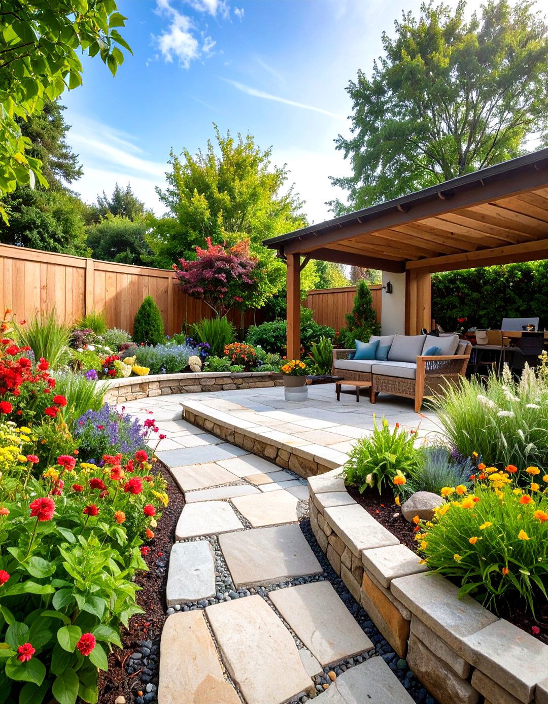 Retaining Wall Framing a Sunken Patio - 30 retaining wall ideas for sloped backyard