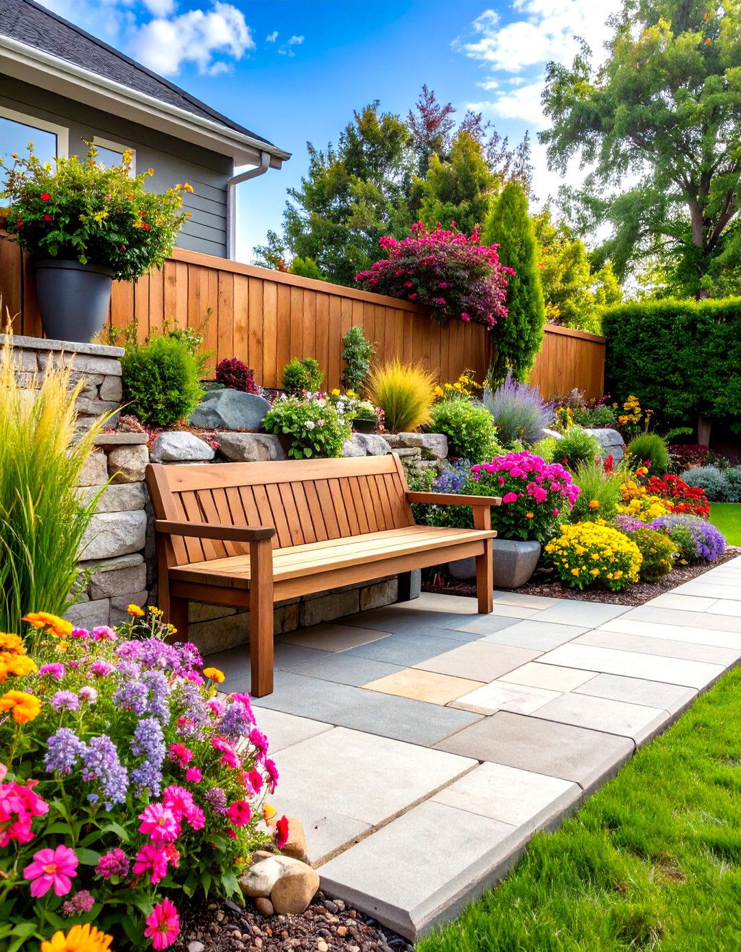 Retaining Wall with Built In Wooden Bench Seating - 30 retaining wall ideas for sloped backyard