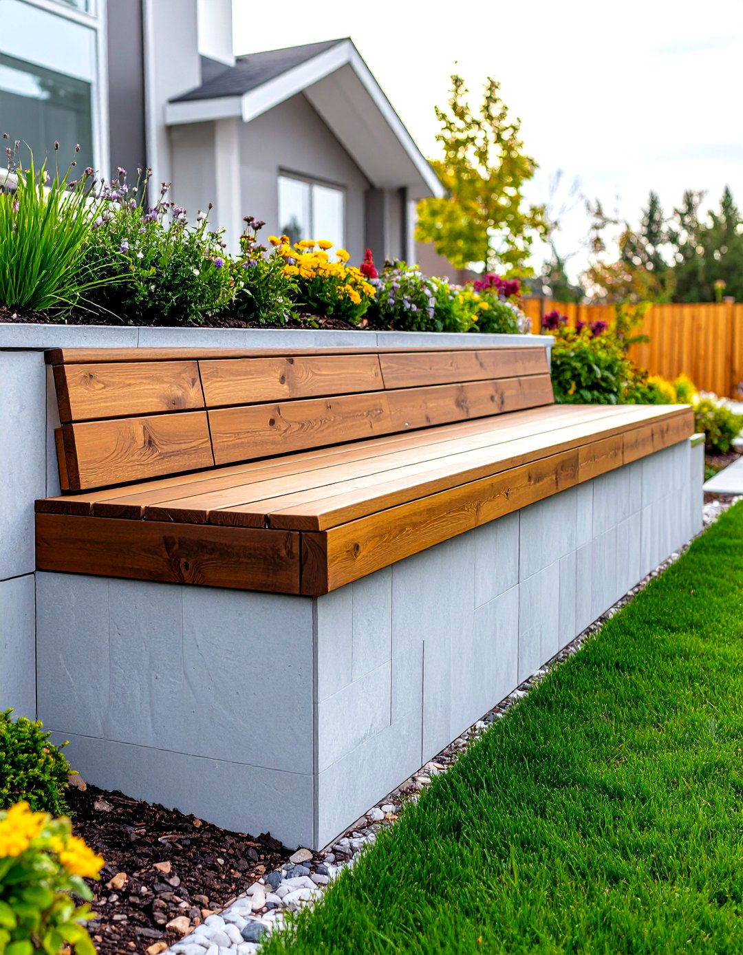 Retaining Wall with a Built in Seating Bench - 30 retaining wall ideas for sloped front yard