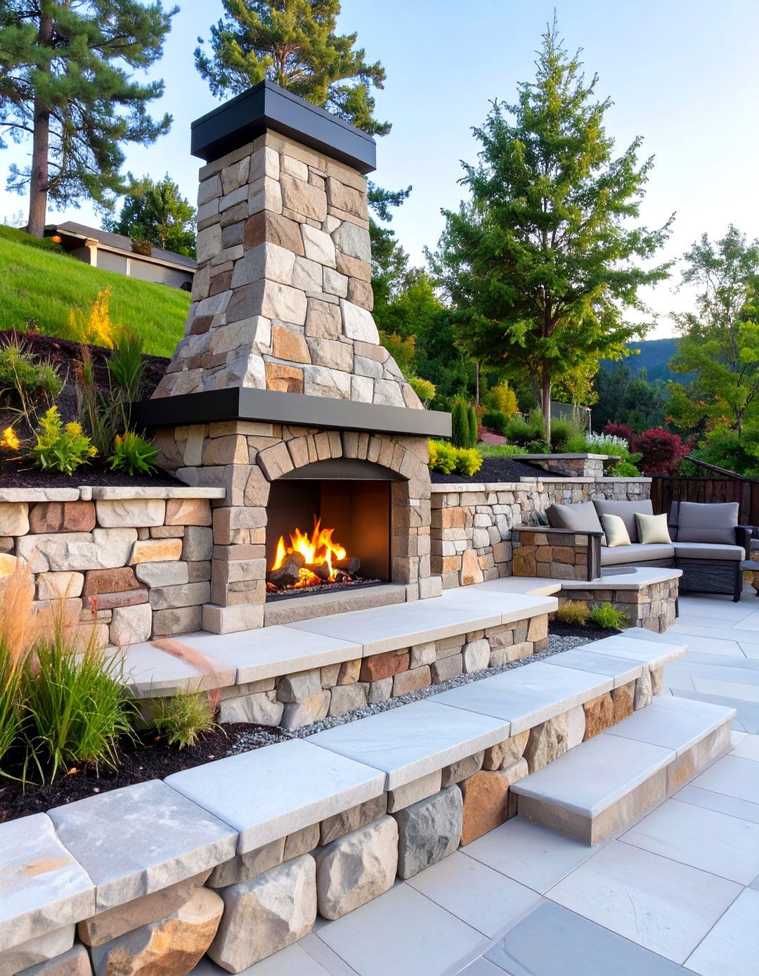 Retaining Wall with an Outdoor Fireplace - 30 backyard retaining wall ideas