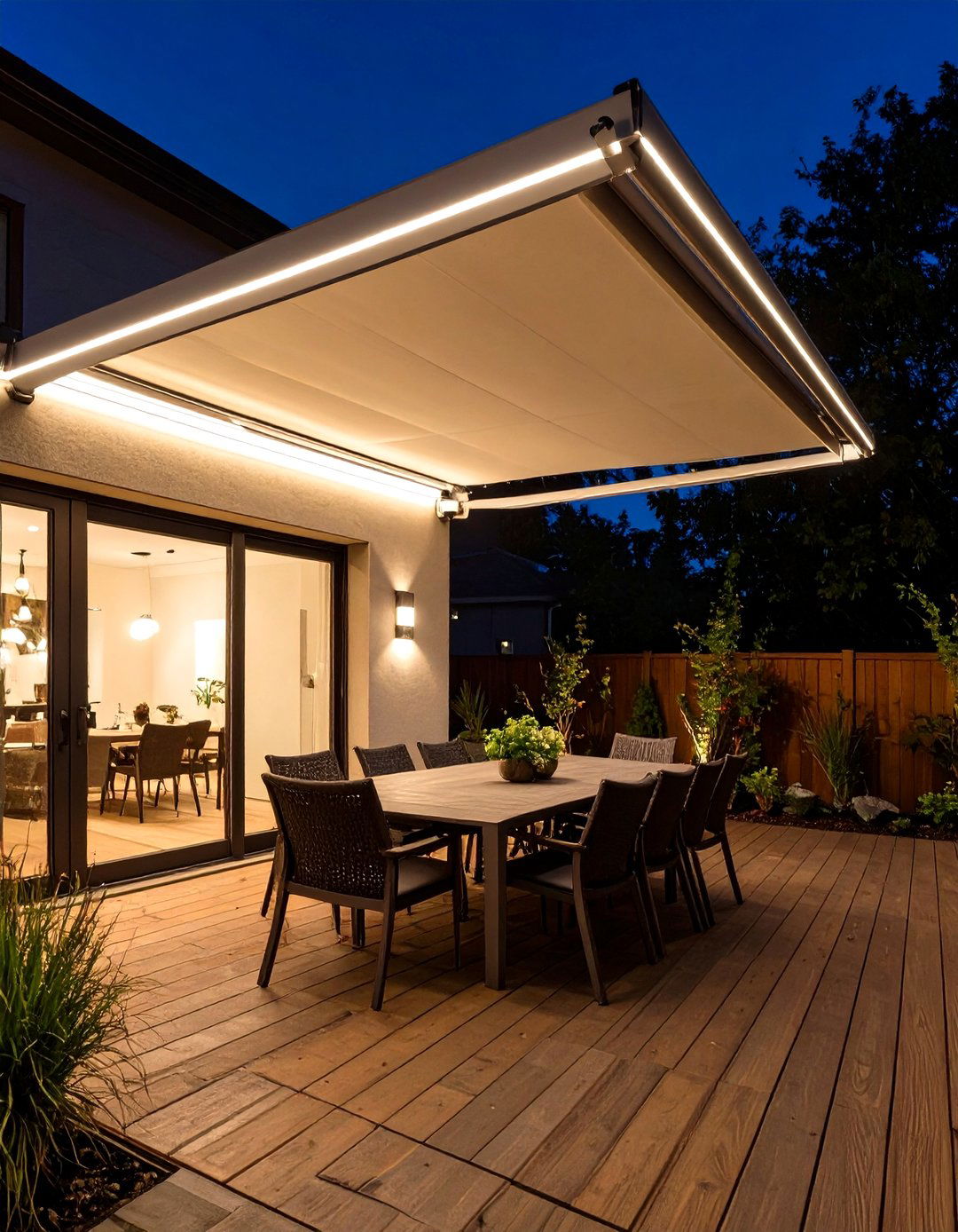 Retractable Awning with LED Lights - 30 deck lighting ideas