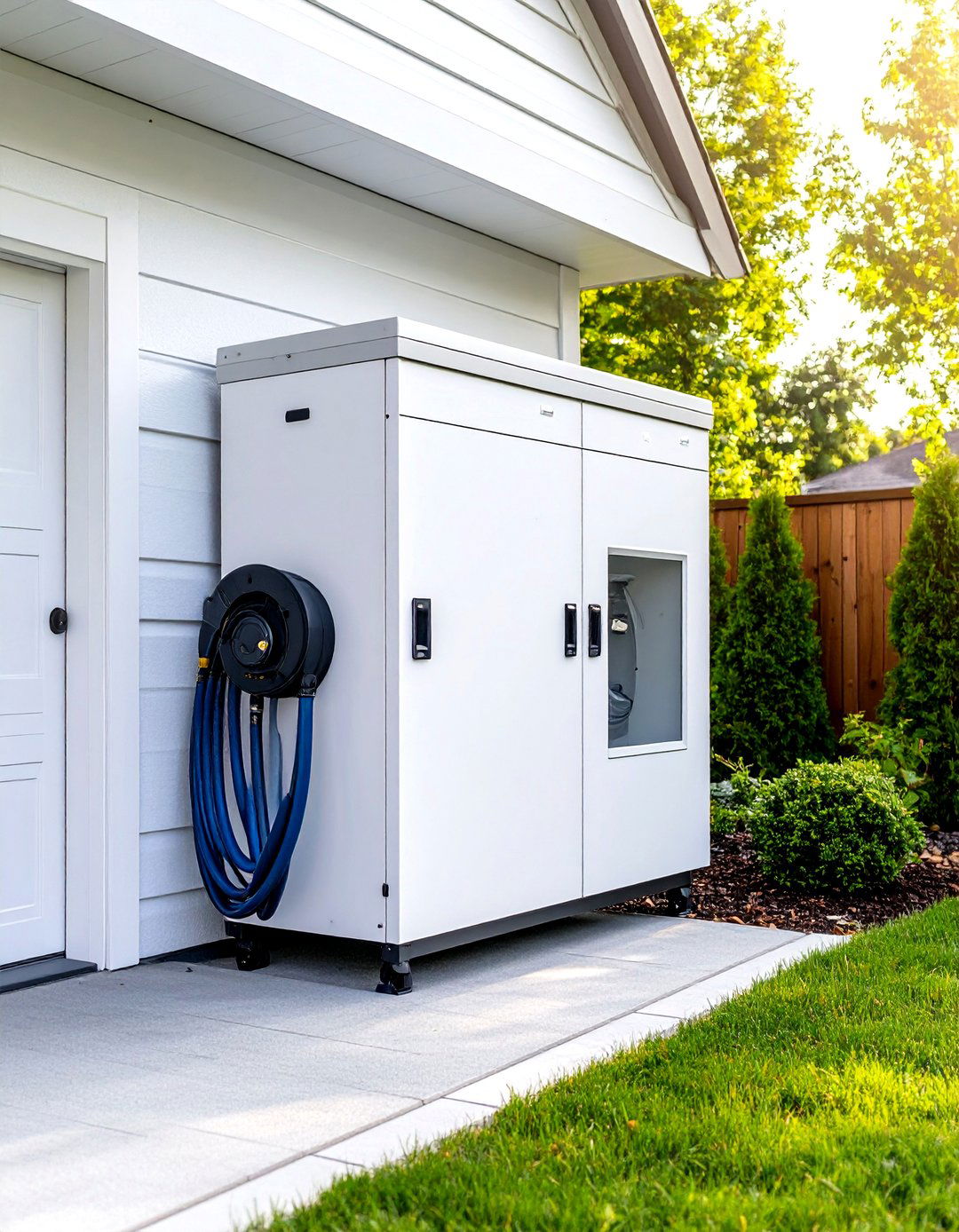 Retractable Hose Reel Cabinet - 30 garden hose storage ideas