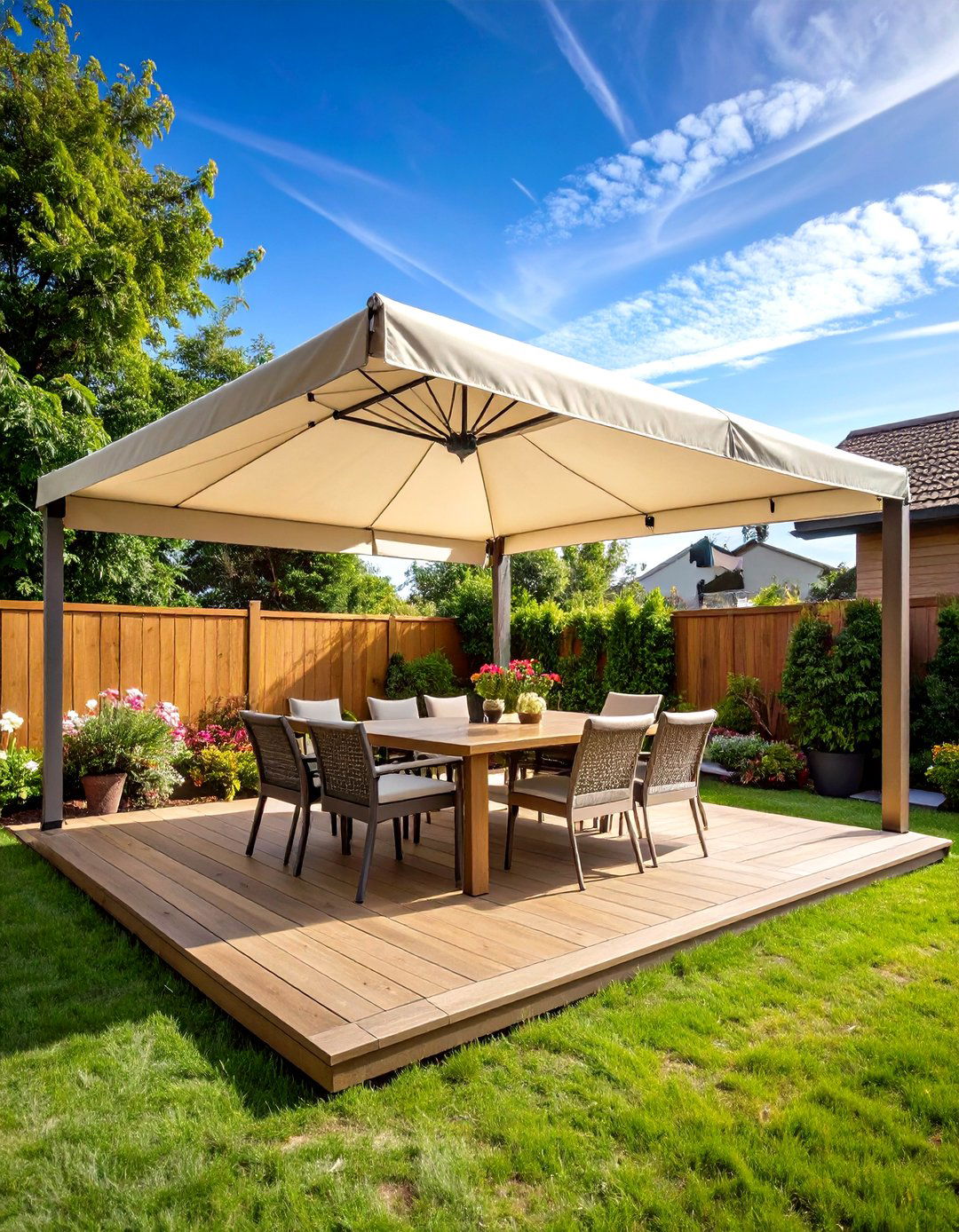 Retractable Wire Hung Canopy - 30 patio shade ideas on a budget