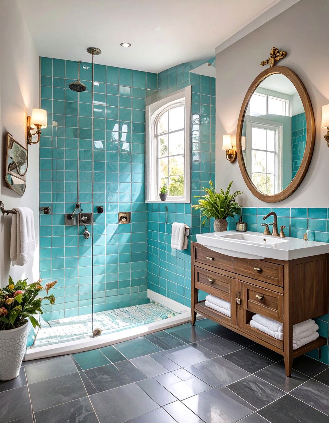 Retro Fun with Turquoise and Charcoal Gray - 30 blue and gray bathroom ideas