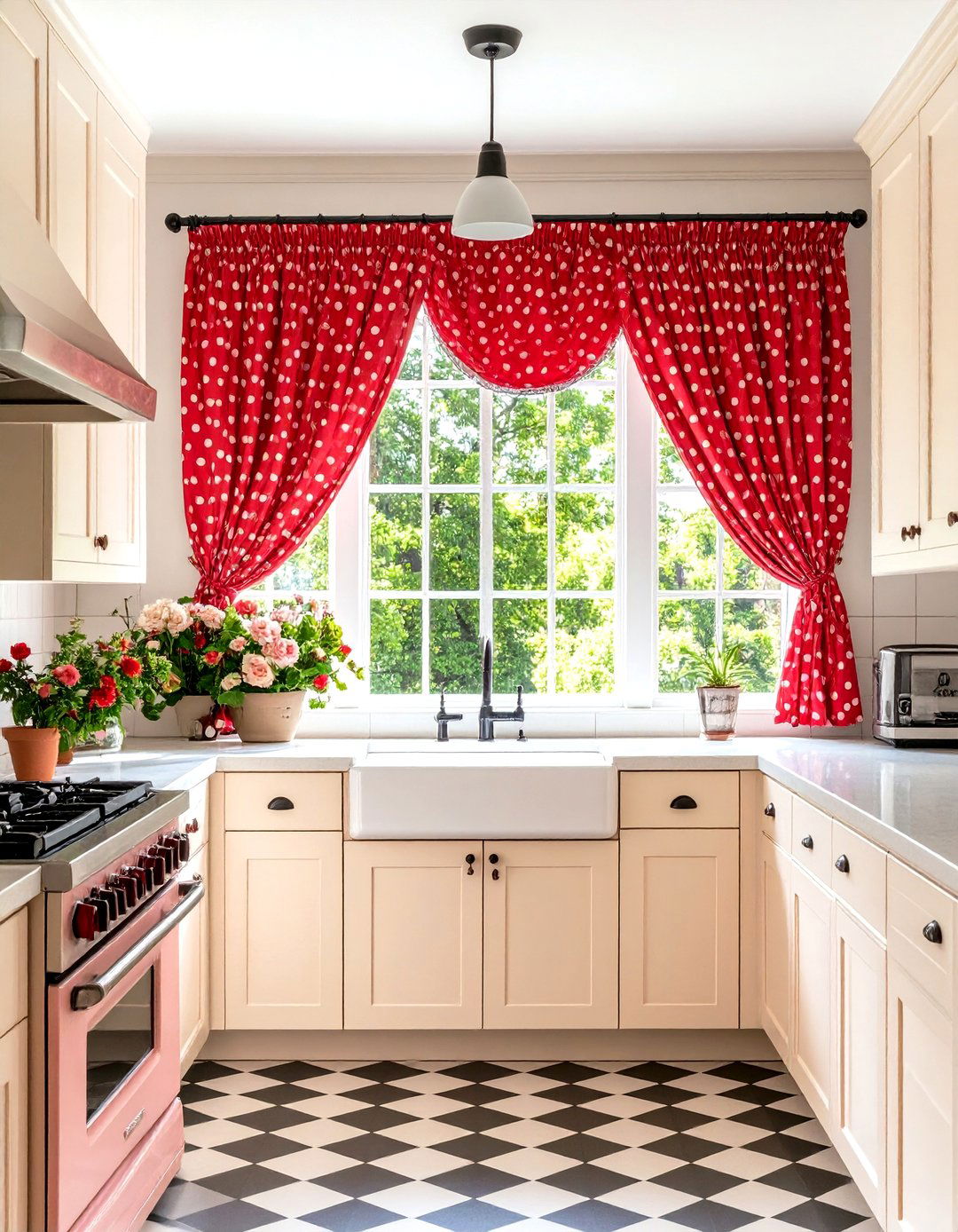 Retro Kitchen with Polka Dot Cafe Curtains - 30 kitchen curtain ideas above sink