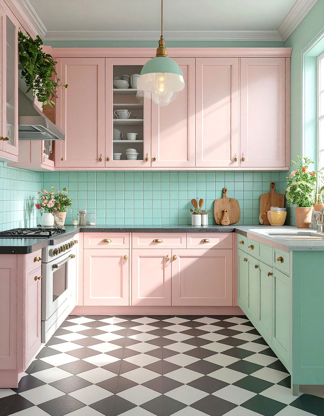Retro Pink and Green Basement Kitchenette - 30 basement color ideas
