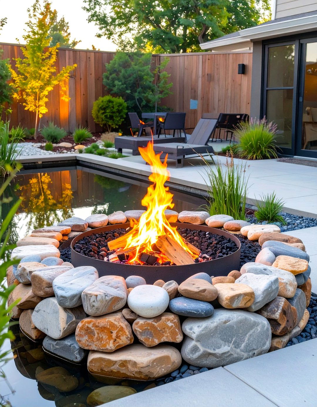River Rock Border Fire Pit - 30 simple backyard fire pit ideas
