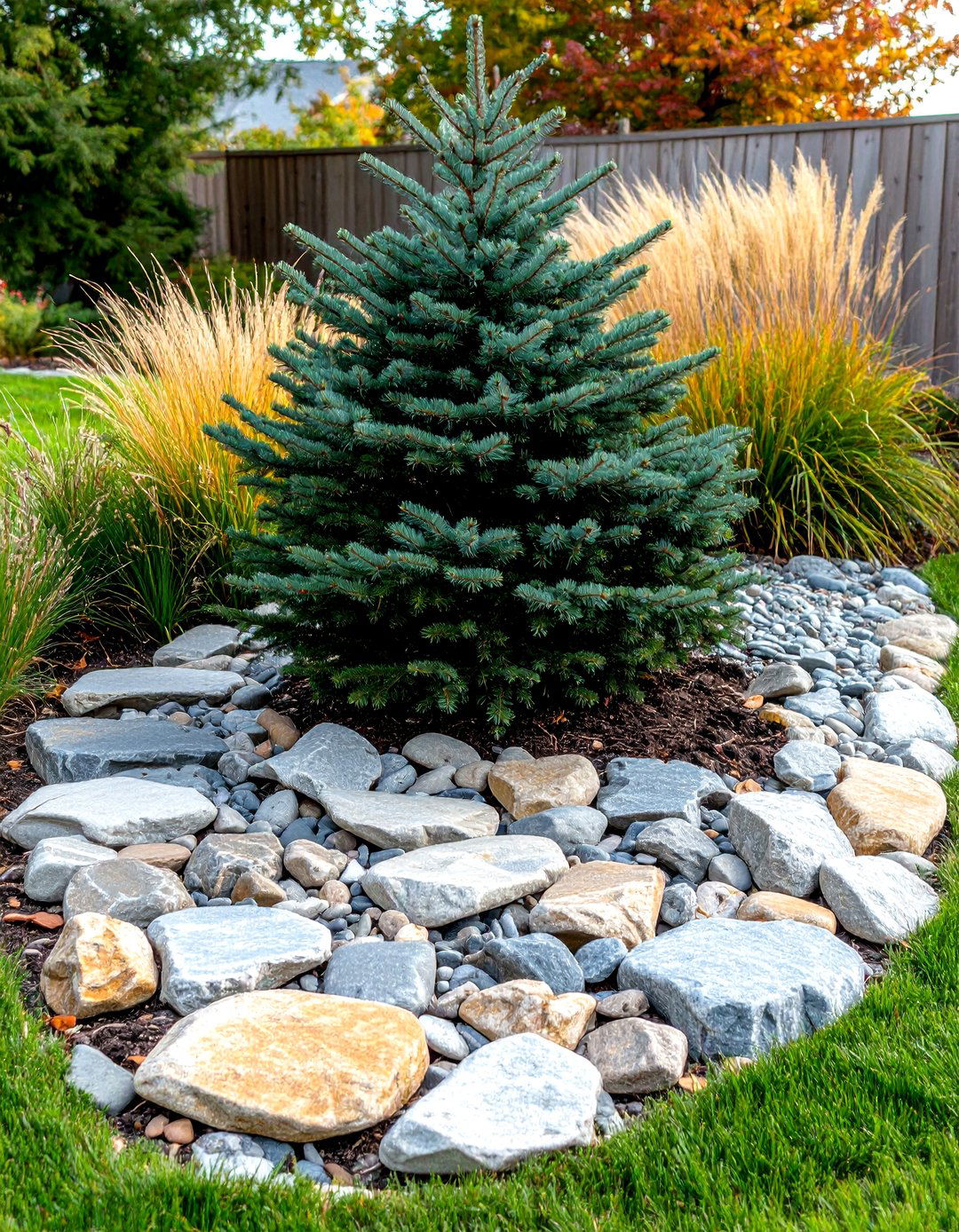 River Rock Dry Creek Bed - 30 landscape tree ring ideas