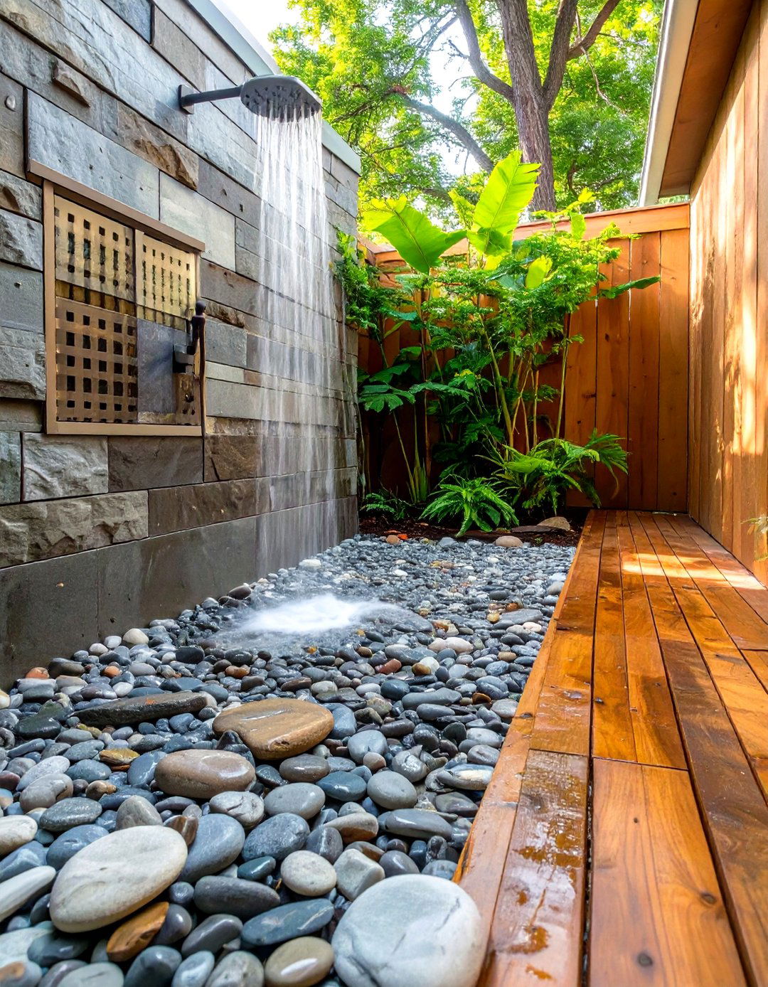 River Rock Flooring with Wood Deck - 30 rustic outdoor shower ideas