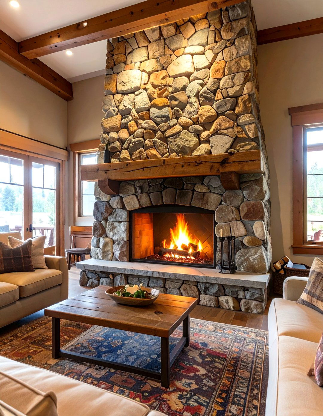 River Rock Stone Fireplace - 30 western living room ideas