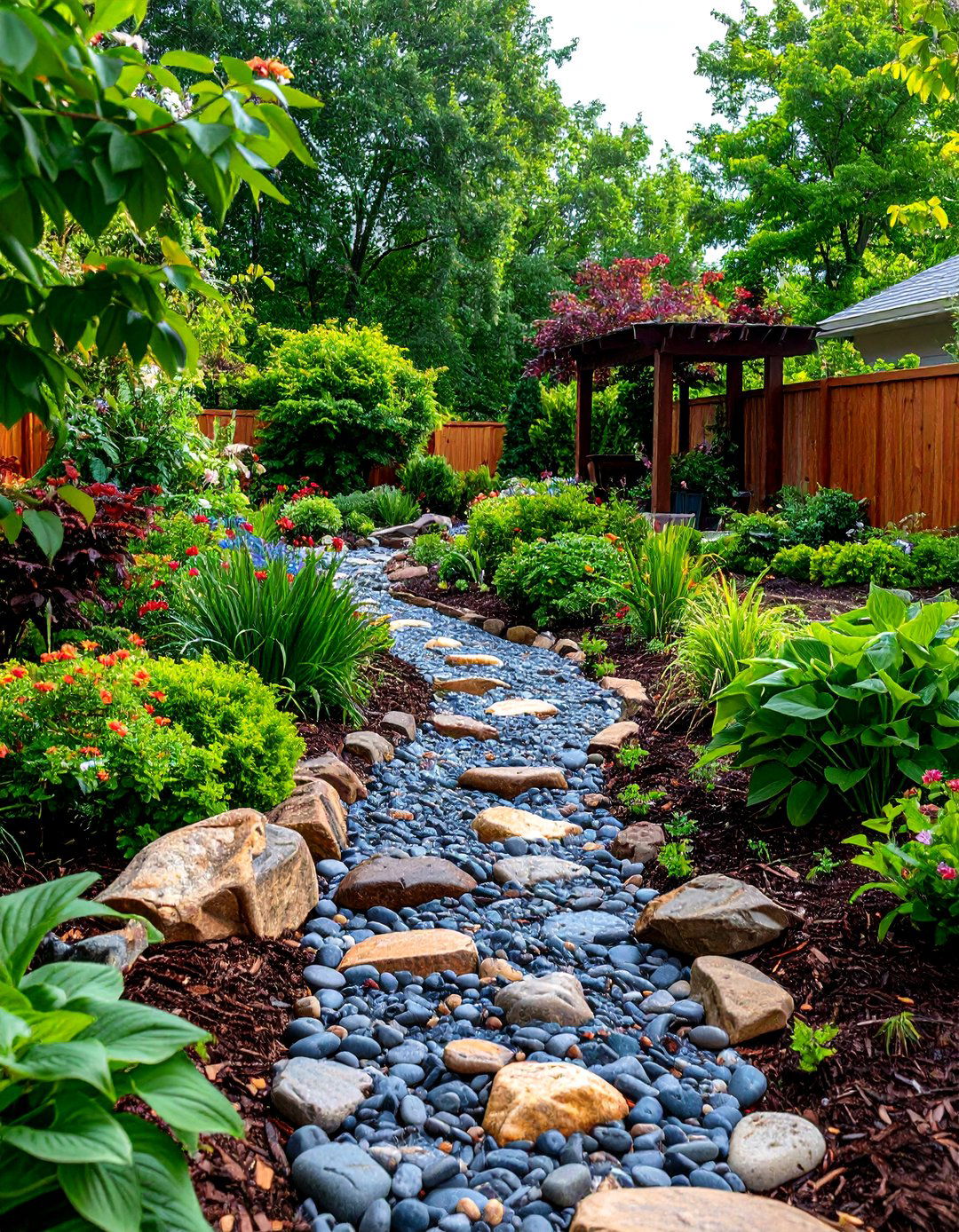 River Rock and Mulch Combination - 30 front yard mulch ideas