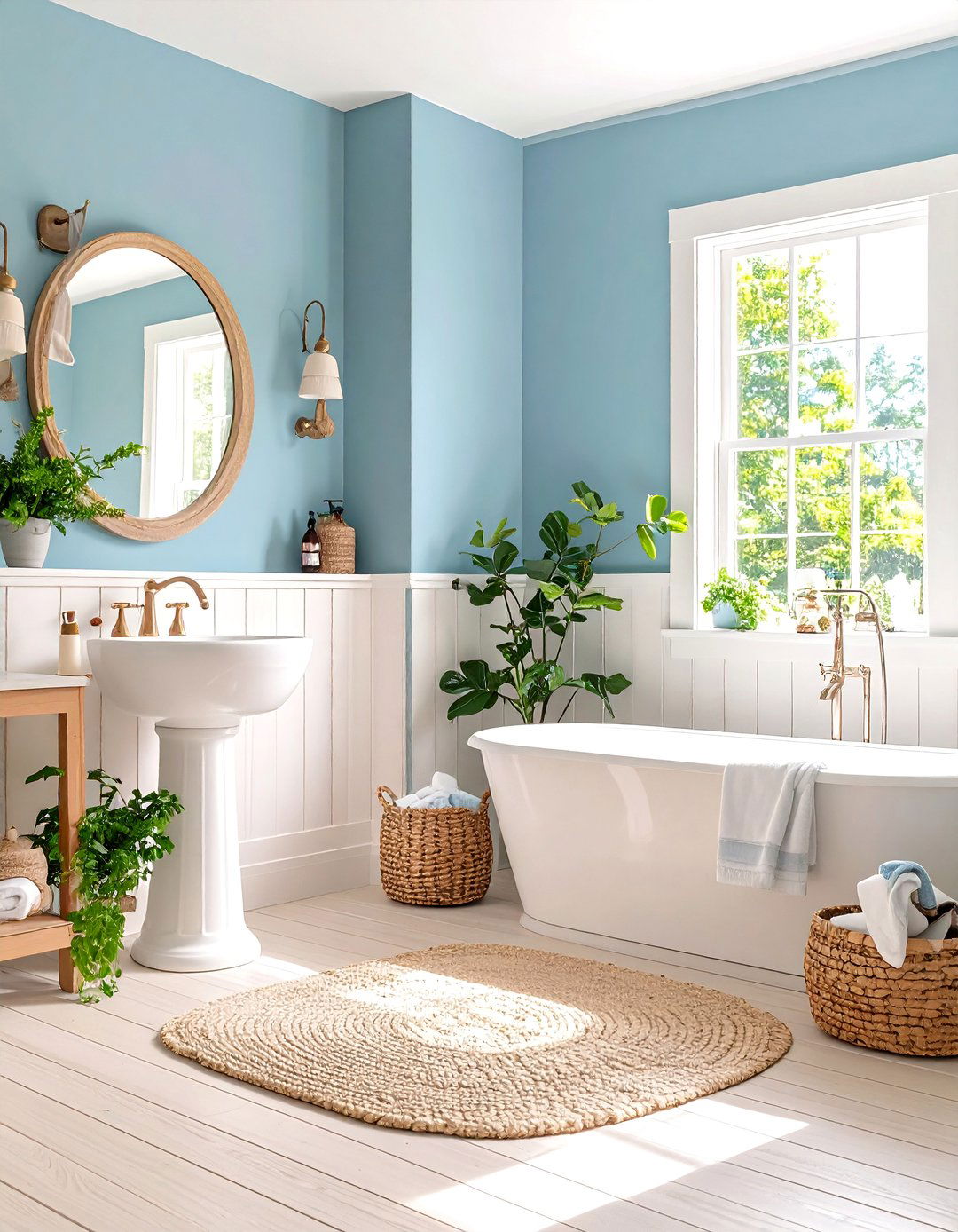 Robins Egg Blue Accent Wall in a Cottage Style Bathroom - 30 accent wall color ideas