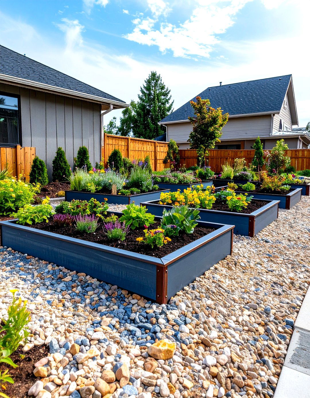 Rock Mulch with Raised Planters - 30 front yard landscaping ideas with rocks no grass