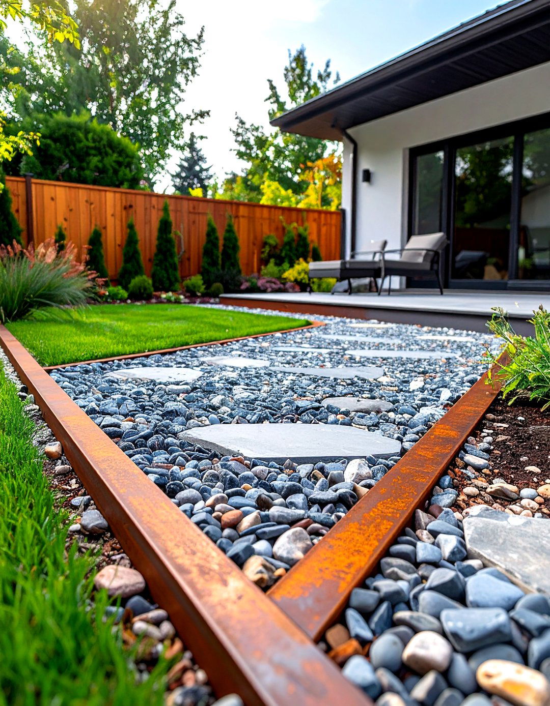 Rock Patio Edged with Corten Steel - 30 rock patio ideas