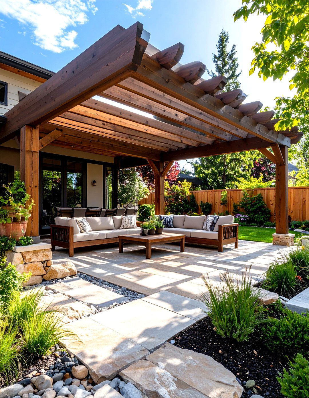 Rock Patio with a Pergola Overhead - 30 rock patio ideas