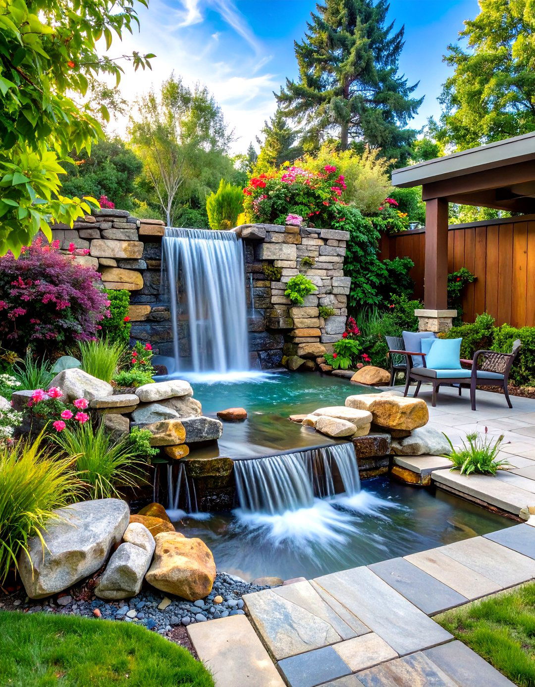 Rock Patio with an Integrated Water Feature - 30 rock patio ideas