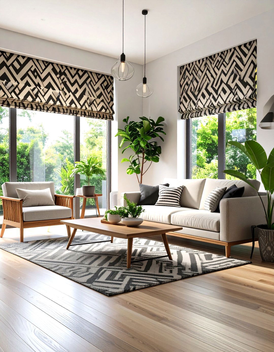 Roman Shades with Bold Patterns - 30 living room window ideas