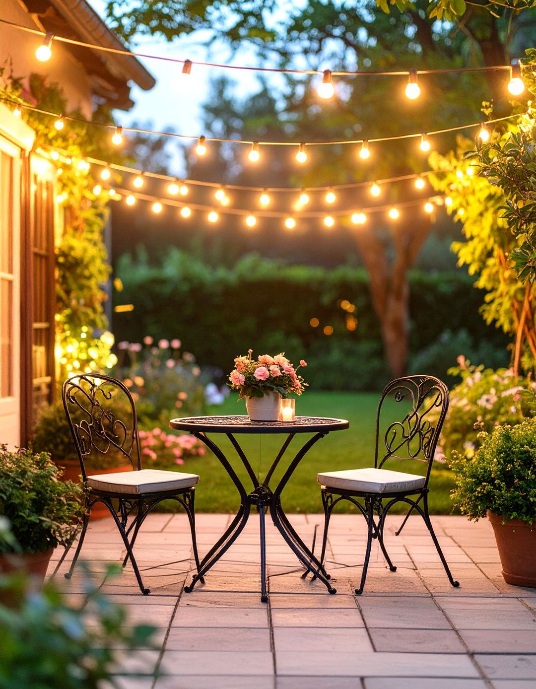Romantic Patio with String Lights and a Dining Nook - 30 outdoor patio design pictures ideas
