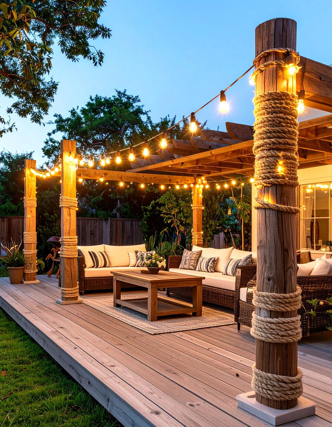 Rope Wrapped Patio String Light Poles - 30 patio string light ideas
