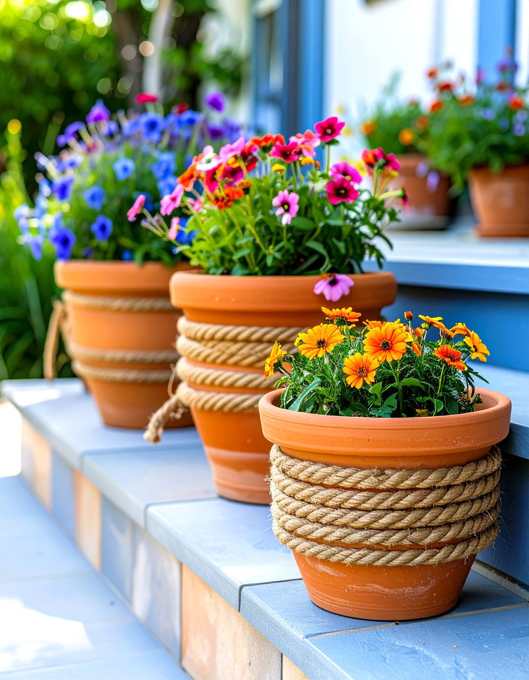 Rope Wrapped Planter Pots for a Nautical Backyard - 30 simple backyard ideas