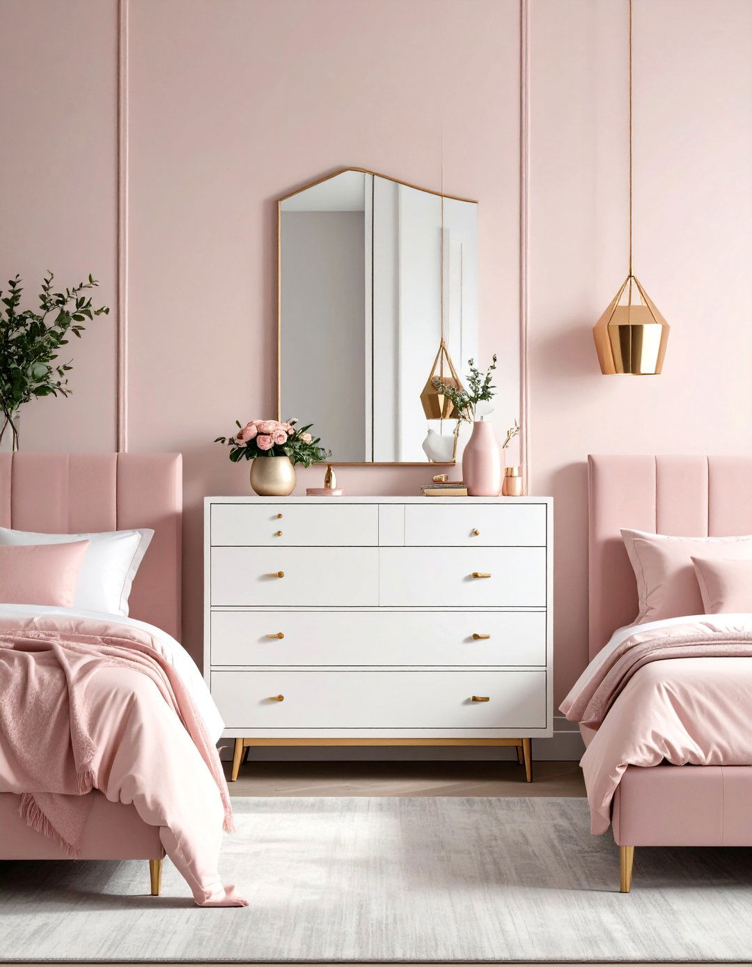 Rose Gold Metallic Fixtures - 30 pink bedroom ideas for adults