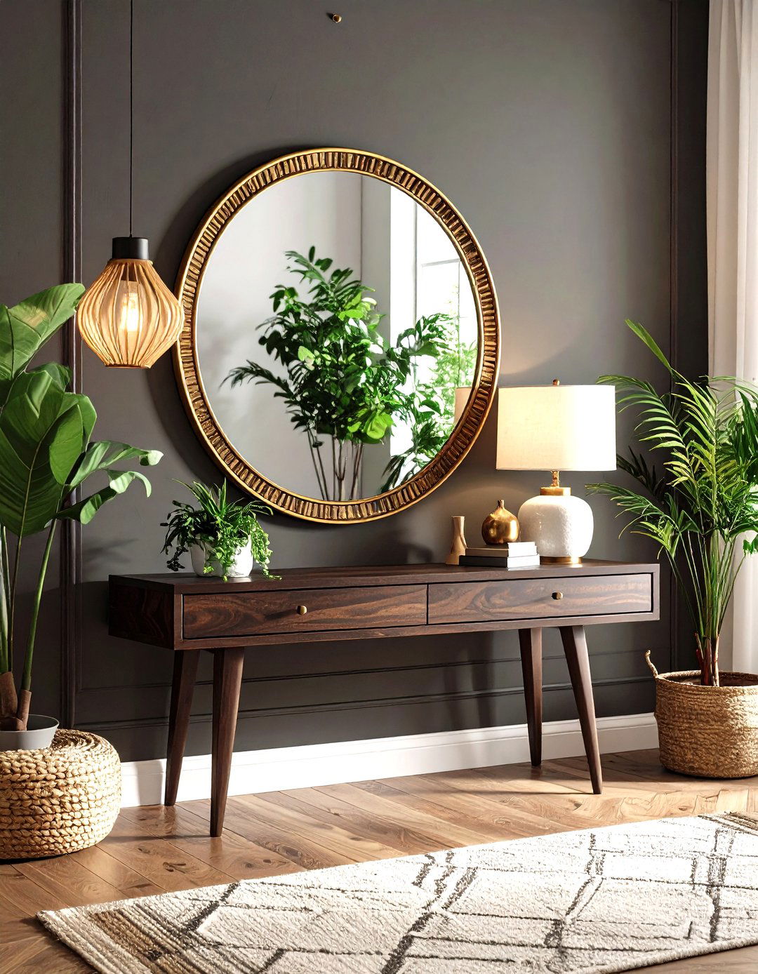 Round Mirror Over a Console Table - 30 living room mirror ideas