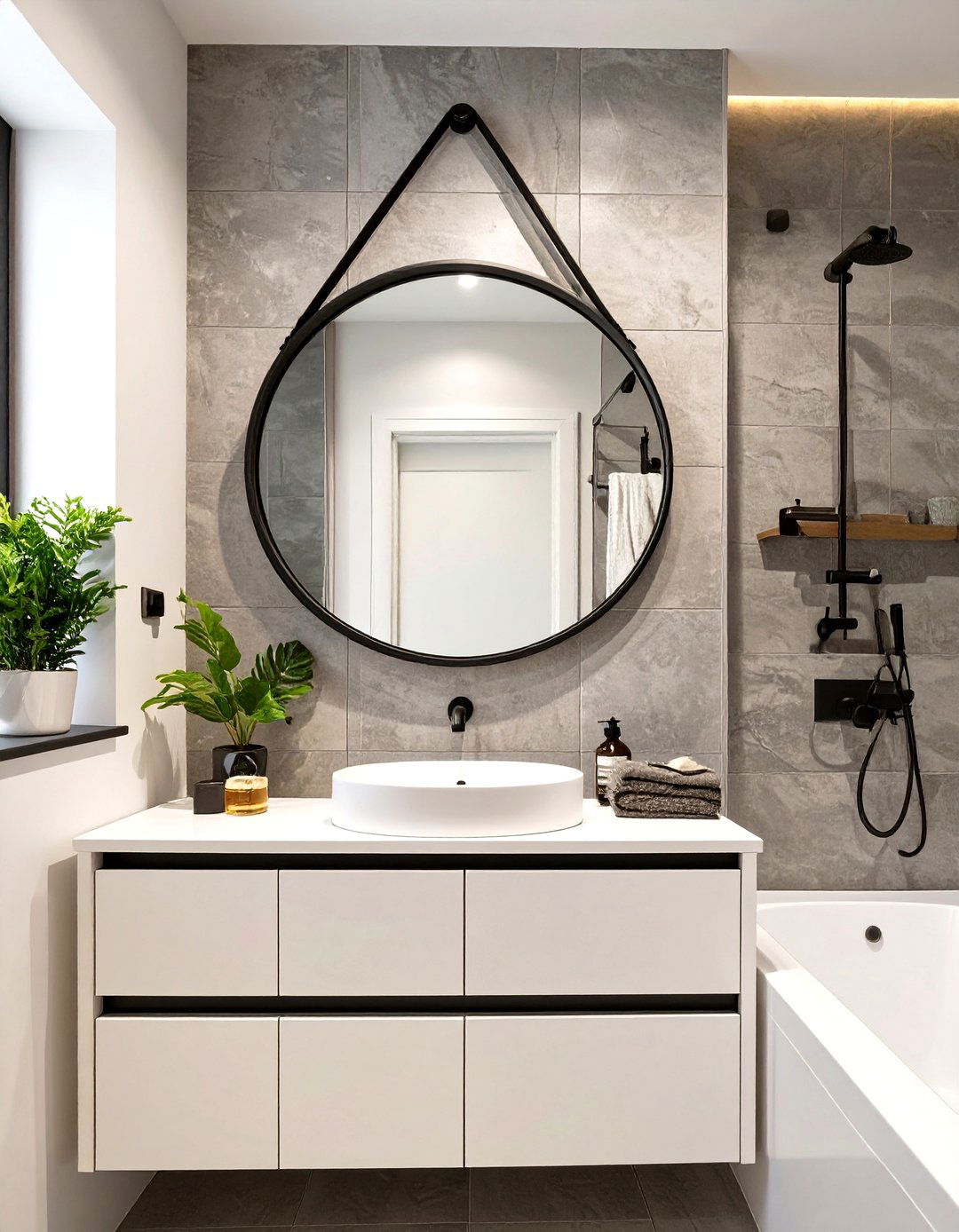 Round Mirror as a Focal Point - 30 wet room bathroom ideas