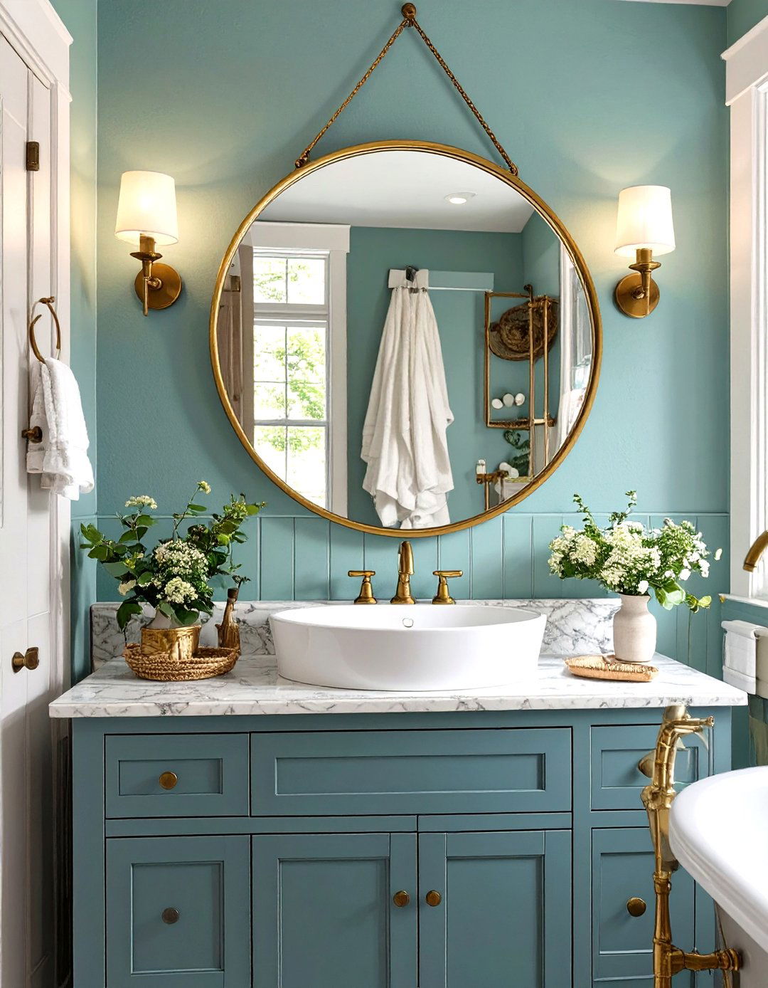 Round Mirror in a Small Farmhouse Bathroom - 30 small farmhouse bathroom ideas