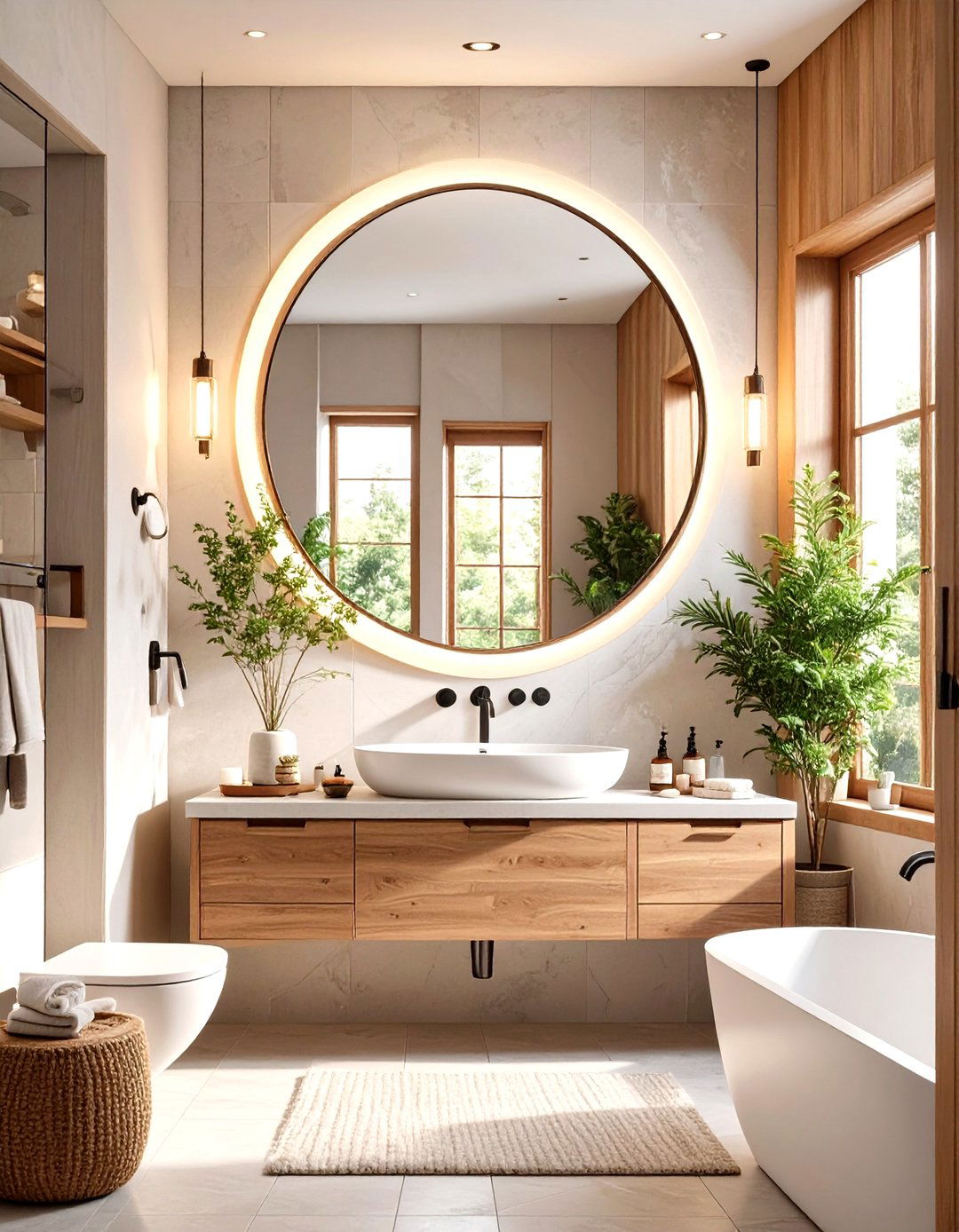 Round Mirror to Soften Lines - 30 very small small half bathroom ideas