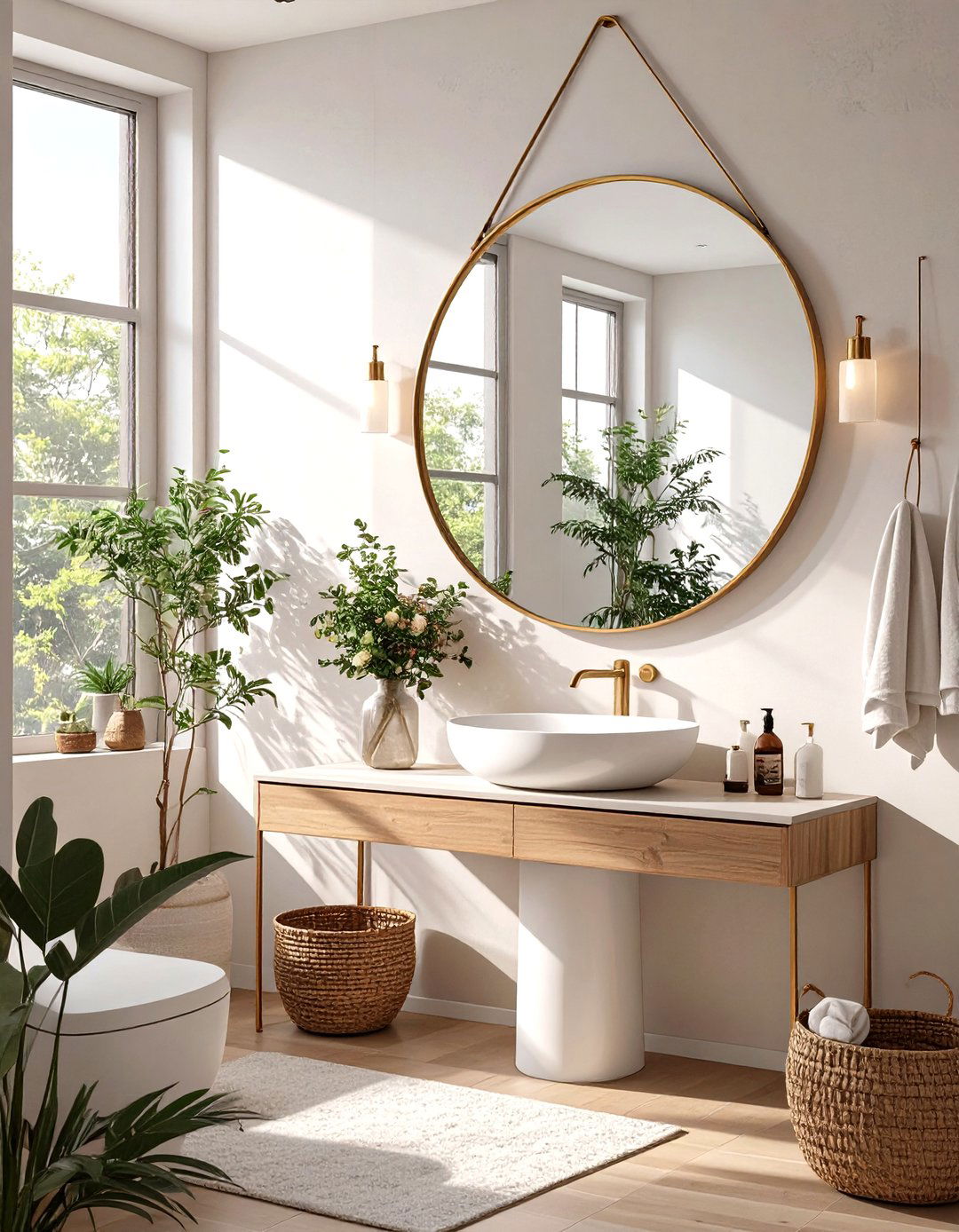 Round Mirror to Soften a Small Space - 30 small half bathroom ideas