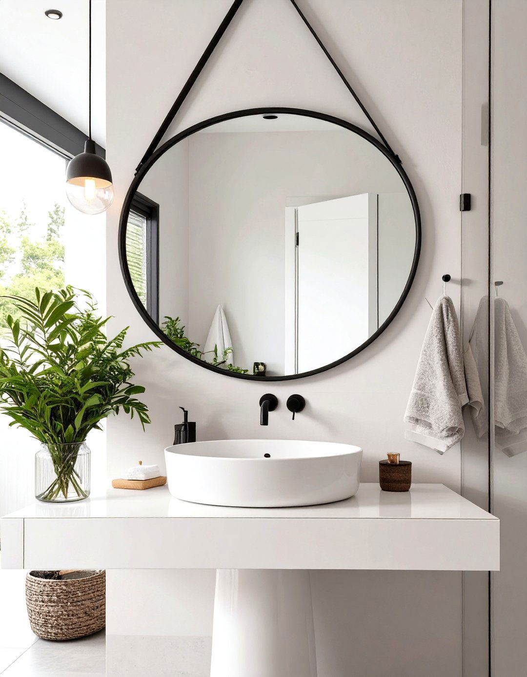 Round Mirrors to Soften Lines - 30 scandinavian bathroom design ideas