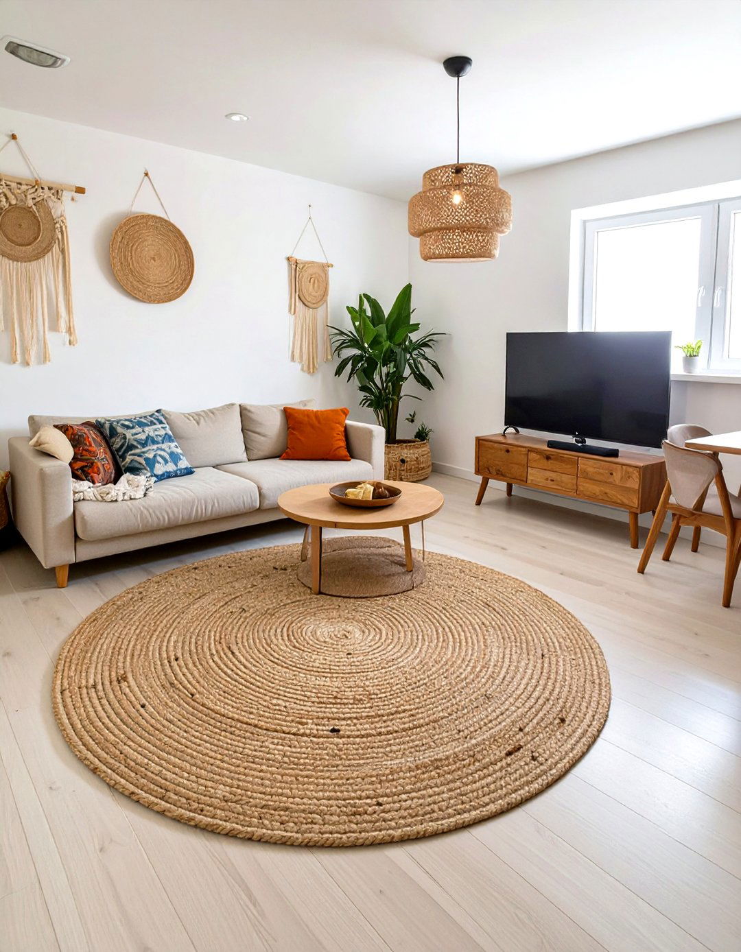 Round Rug to Define the Living Area - 30 small living room ideas with tv and dining table