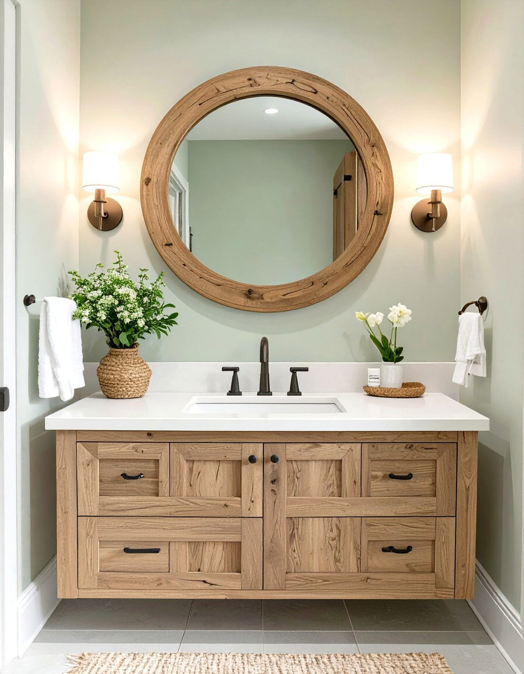 Round Wooden Mirrors - 30 modern farmhouse bathroom ideas