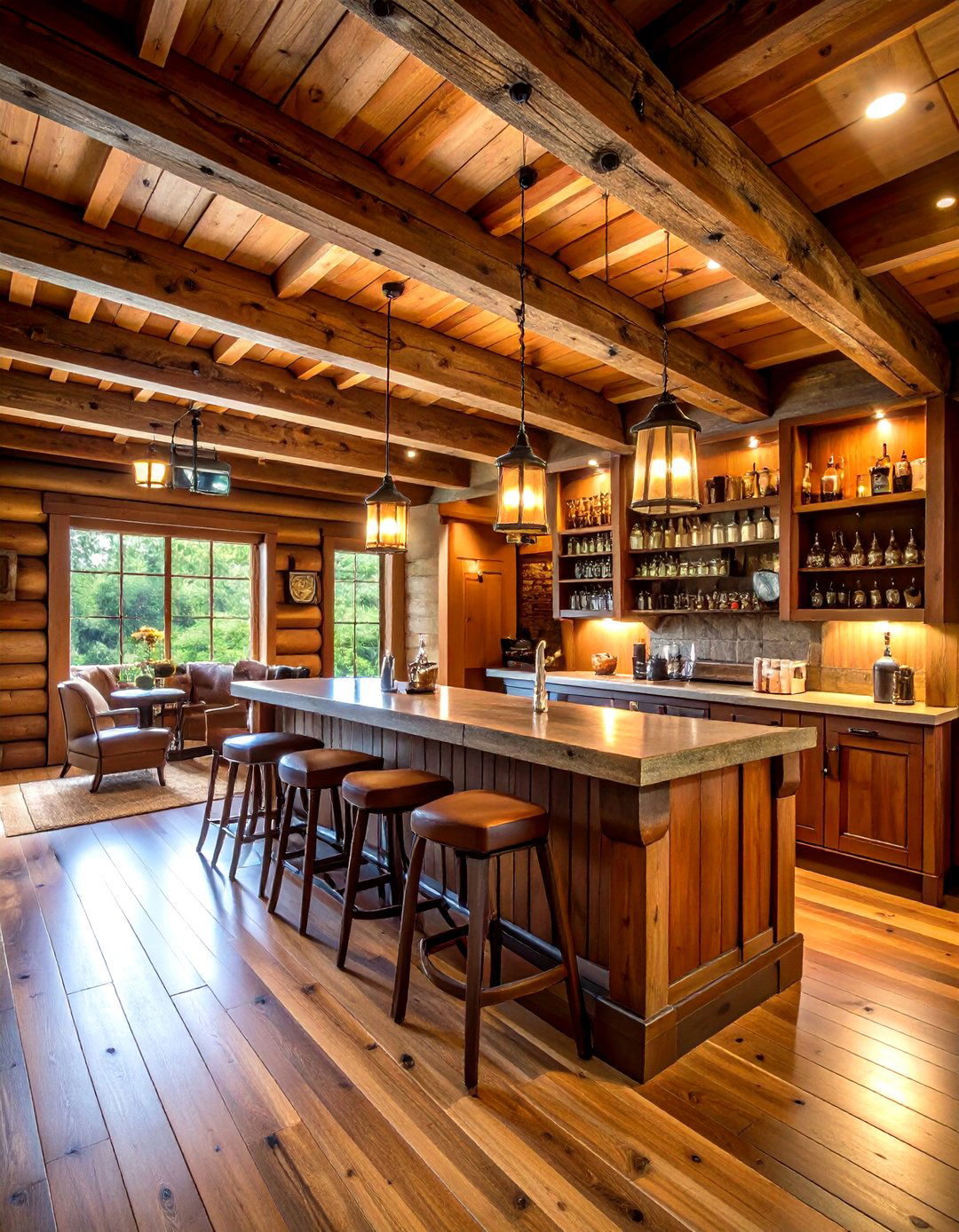 Rustic Basement Bar with a Log Cabin Theme - 30 rustic basement bar ideas